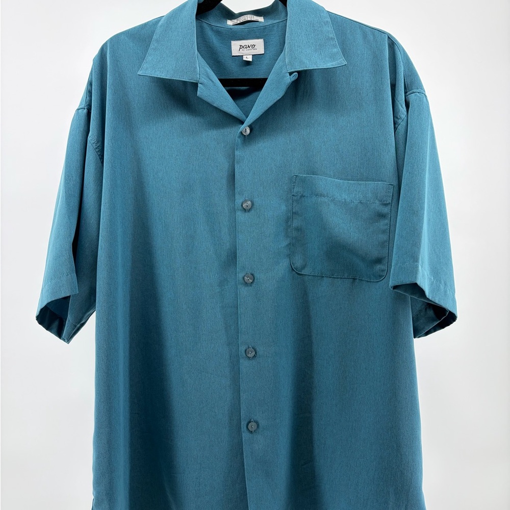 Vintage Pavo By Lastrada Men's‎ Poylester Short Sleeve Button Shirt Blue Size LG